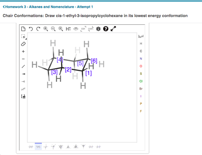 Draw cis-1-ethyl-2-isopropylcyclohexane in its lowest energy conformation